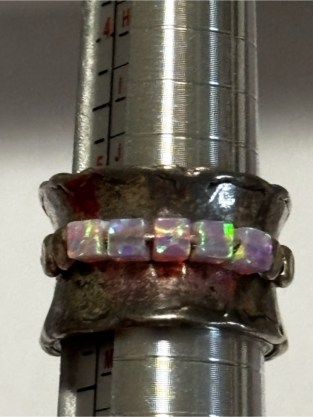 Handcrafted Iridescent Opal Tile Band Ring - Pink
